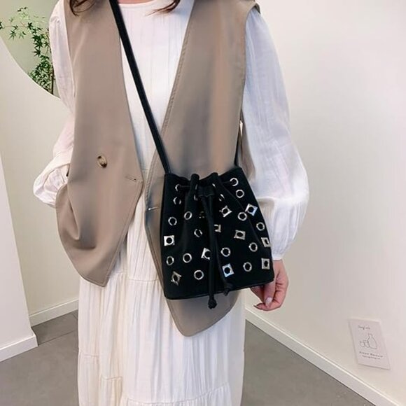 Neiman Marcus Y2K Silver Studded Vegan Leather Bucket Bag - Picture 2 of 4